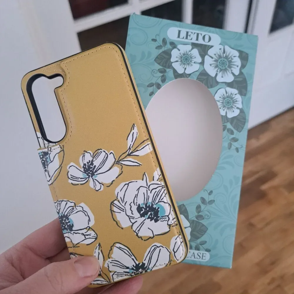 NEW Samsung Galaxy S23 Yellow Floral Folding Wallet Phone Case White Protector